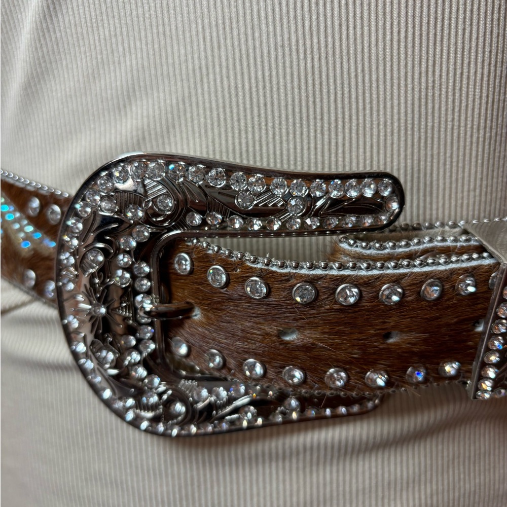 Nocona Genuine Leather Calf Hair on Hide Rhinestone Belt Rodeo Western Bling - Picture 7 of 16